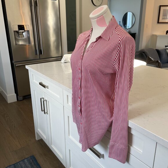 Desoto Eve Collared V Neck Striped Button Down Cotton Blouse Red Wht Sz 36 NWOT - Picture 3 of 15
